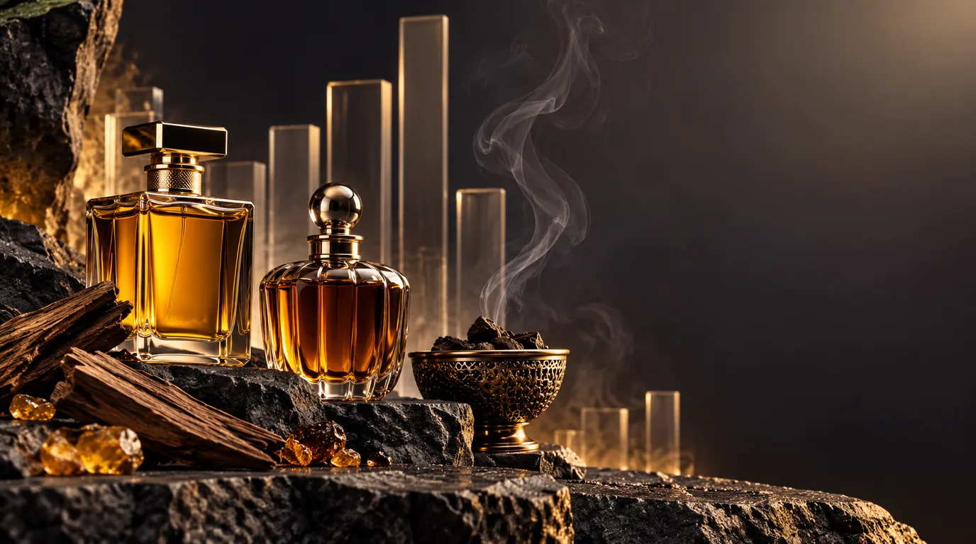 زجاجات عطر وعود على سطح داكن مع أعمدة بيانية زجاجية وتوهج كهرماني