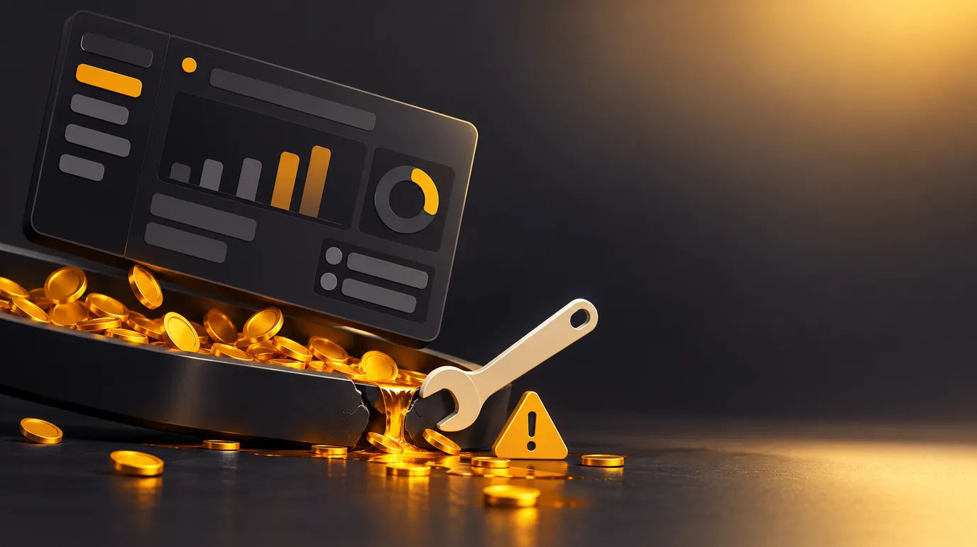 لوحة إعلانات رقمية تتسرب منها العملات مع علامة تحذير وأداة إصلاح بألوان آفاق