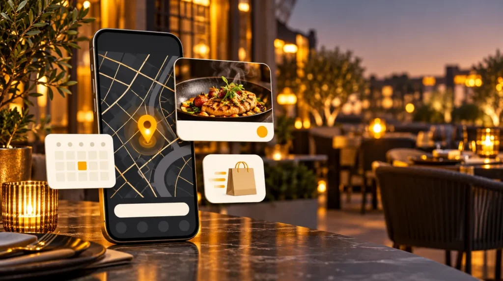 هاتف يعرض خريطة مطاعم وصورة طبق شهي مع إشعارات حجز بألوان آفاق