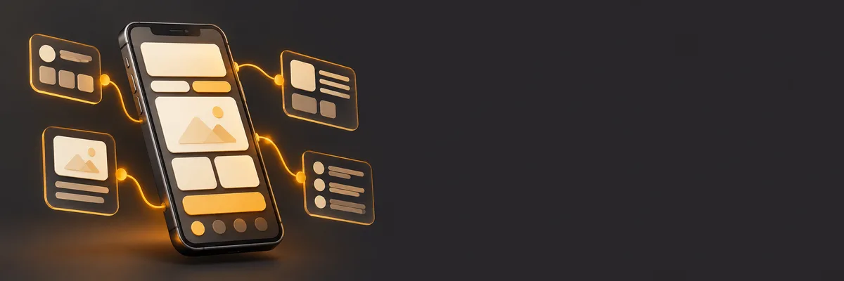 جوال يعرض شاشات تطبيق عربي من اليمين لليسار مع مخطط تدفق مستخدم بألوان آفاق